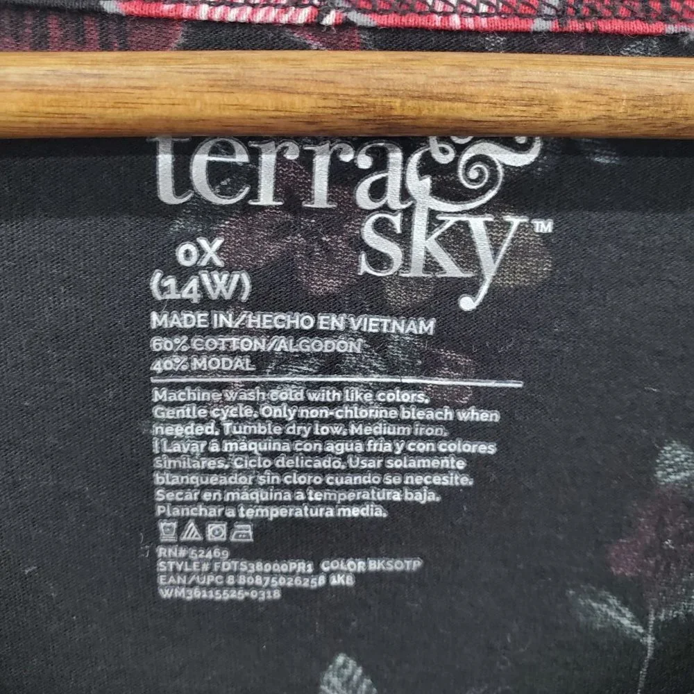 Terra & Sky Womens Floral 3/4 Sleeve Tunic Top Size 0X (14W) Black Red Casual - Picture 6 of 8